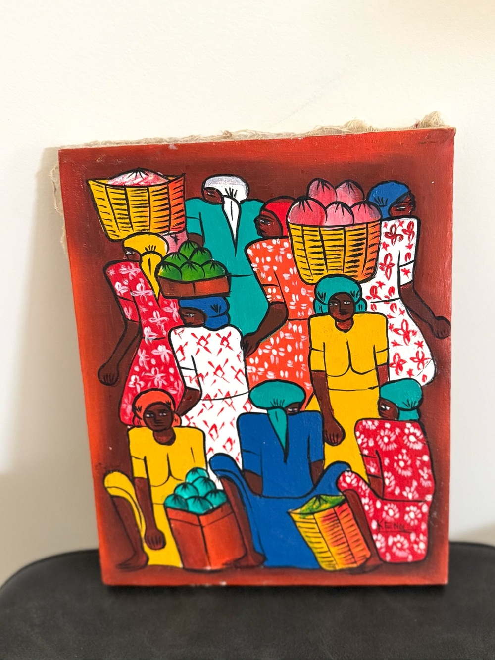 Vintage Colorful Haitian Market Women Canvas Oil Art Vibrant  Signed Kenol
